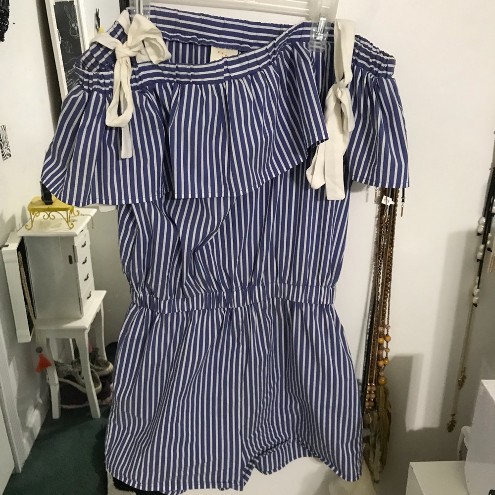 blue and white striped off the shoulder romper
